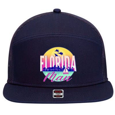 Retro Florida Man Miama Skyline with Fighter Jets 7 Panel Mesh Trucker Snapback Hat