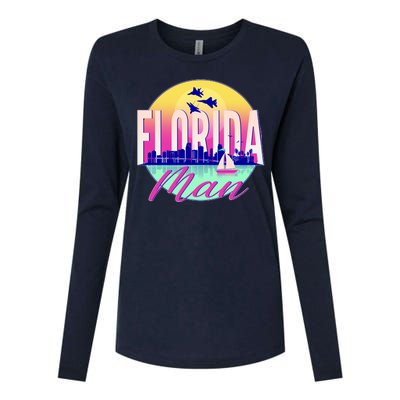 Retro Florida Man Miama Skyline with Fighter Jets Womens Cotton Relaxed Long Sleeve T-Shirt