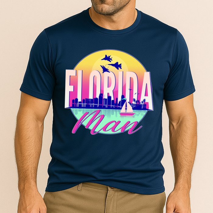 Retro Florida Man Miama Skyline with Fighter Jets Performance Shirt