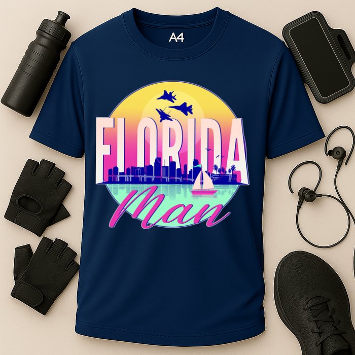 Retro Florida Man Miama Skyline with Fighter Jets Performance Shirt