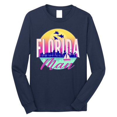 Retro Florida Man Miama Skyline with Fighter Jets Long Sleeve Shirt