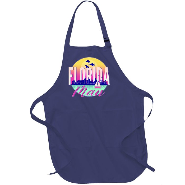 Retro Florida Man Miama Skyline with Fighter Jets Full-Length Apron With Pockets