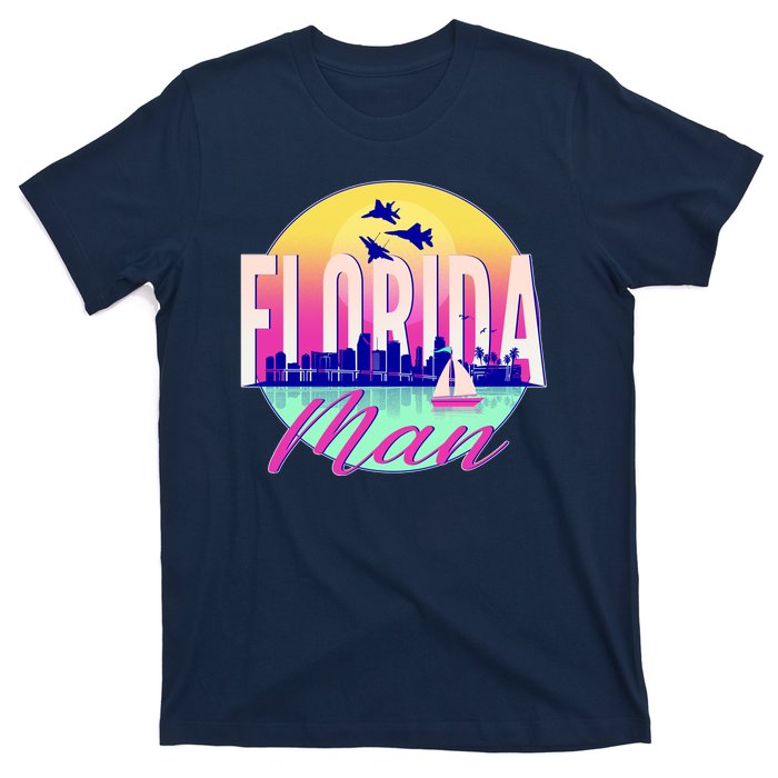 Retro Florida Man Miama Skyline with Fighter Jets T-Shirt