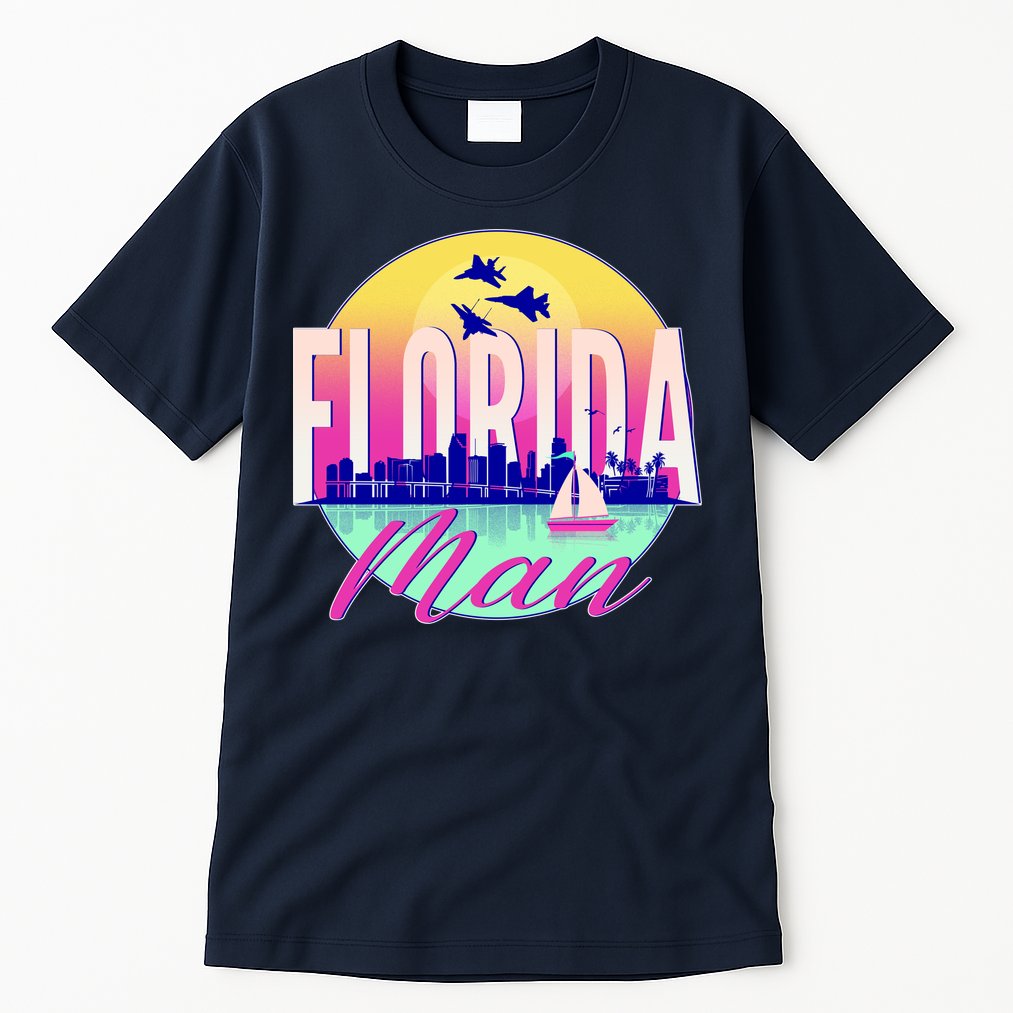 Retro Florida Man Miama Skyline with Fighter Jets Tall T-Shirt
