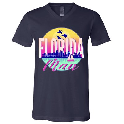Retro Florida Man Miama Skyline with Fighter Jets V-Neck T-Shirt