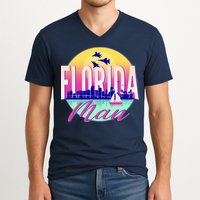 Retro Florida Man Miama Skyline with Fighter Jets V-Neck T-Shirt
