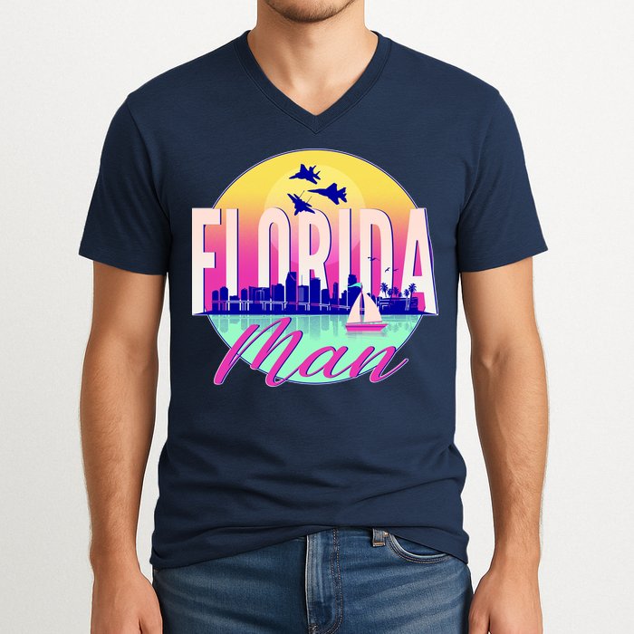 Retro Florida Man Miama Skyline with Fighter Jets V-Neck T-Shirt