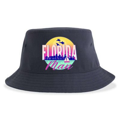 Retro Florida Man Miama Skyline with Fighter Jets Sustainable Bucket Hat