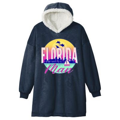 Retro Florida Man Miama Skyline with Fighter Jets Hooded Wearable Blanket