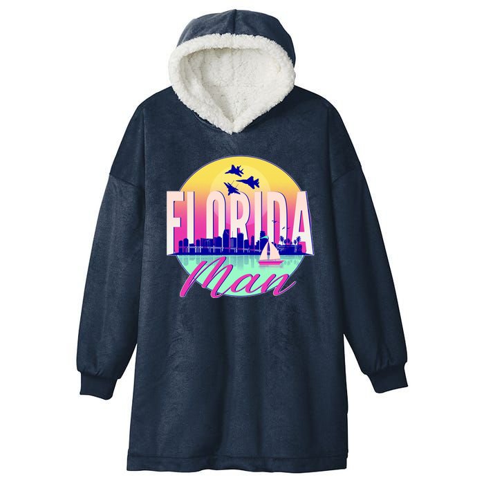 Retro Florida Man Miama Skyline with Fighter Jets Hooded Wearable Blanket