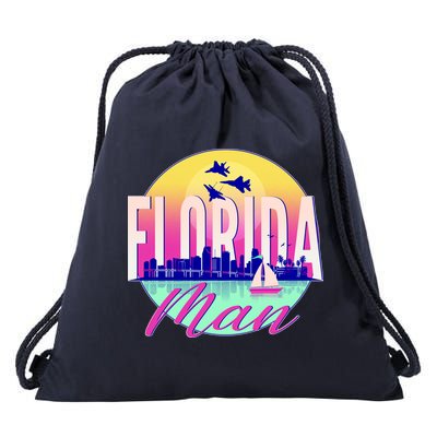 Retro Florida Man Miama Skyline with Fighter Jets Drawstring Bag