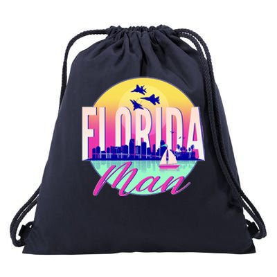 Retro Florida Man Miama Skyline with Fighter Jets Drawstring Bag