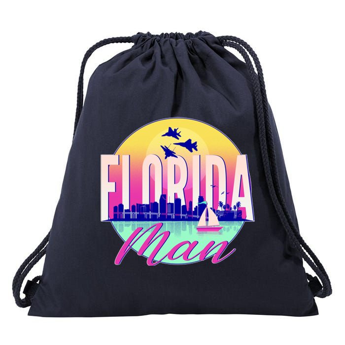 Retro Florida Man Miama Skyline with Fighter Jets Drawstring Bag