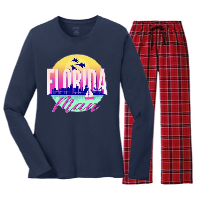 Retro Florida Man Miama Skyline with Fighter Jets Women's Long Sleeve Flannel Pajama Set 