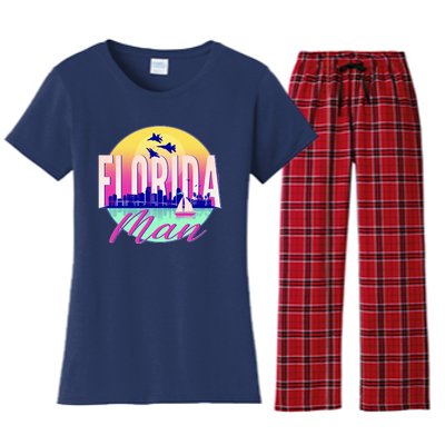 Retro Florida Man Miama Skyline with Fighter Jets Women's Flannel Pajama Set