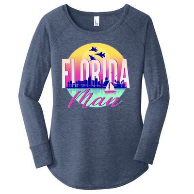 Retro Florida Man Miama Skyline with Fighter Jets Women's Perfect Tri Tunic Long Sleeve Shirt