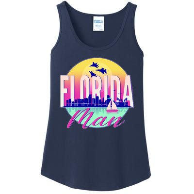 Retro Florida Man Miama Skyline with Fighter Jets Ladies Essential Tank