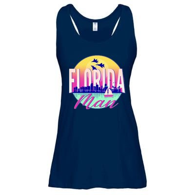 Retro Florida Man Miama Skyline with Fighter Jets Ladies Essential Flowy Tank