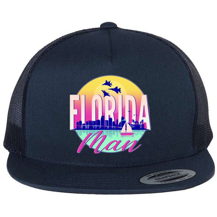 Retro Florida Man Miama Skyline with Fighter Jets Flat Bill Trucker Hat