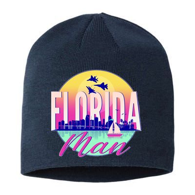 Retro Florida Man Miama Skyline with Fighter Jets Sustainable Beanie