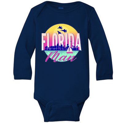 Retro Florida Man Miama Skyline with Fighter Jets Baby Long Sleeve Bodysuit