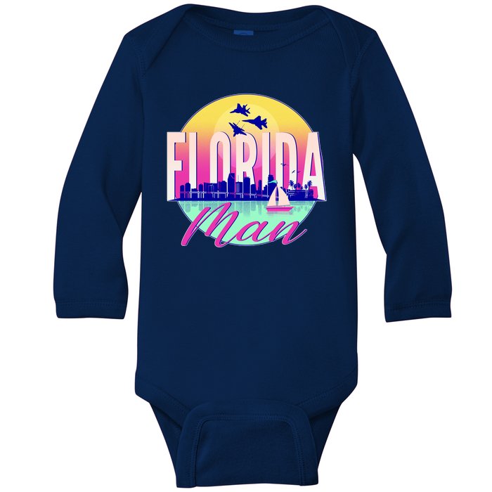 Retro Florida Man Miama Skyline with Fighter Jets Baby Long Sleeve Bodysuit