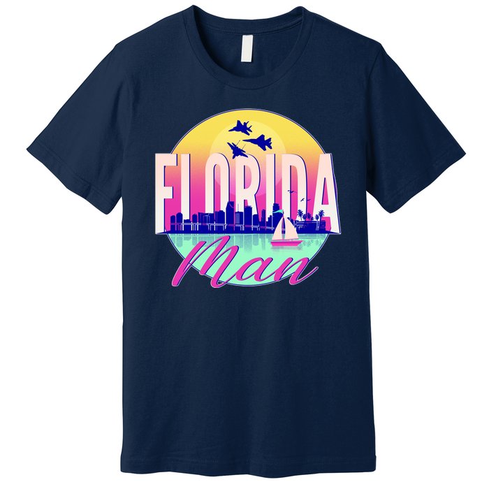 Retro Florida Man Miama Skyline with Fighter Jets Premium T-Shirt