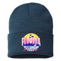 Retro Florida Man Miama Skyline with Fighter Jets Sustainable Knit Beanie