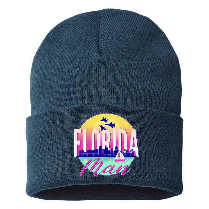 Retro Florida Man Miama Skyline with Fighter Jets Sustainable Knit Beanie