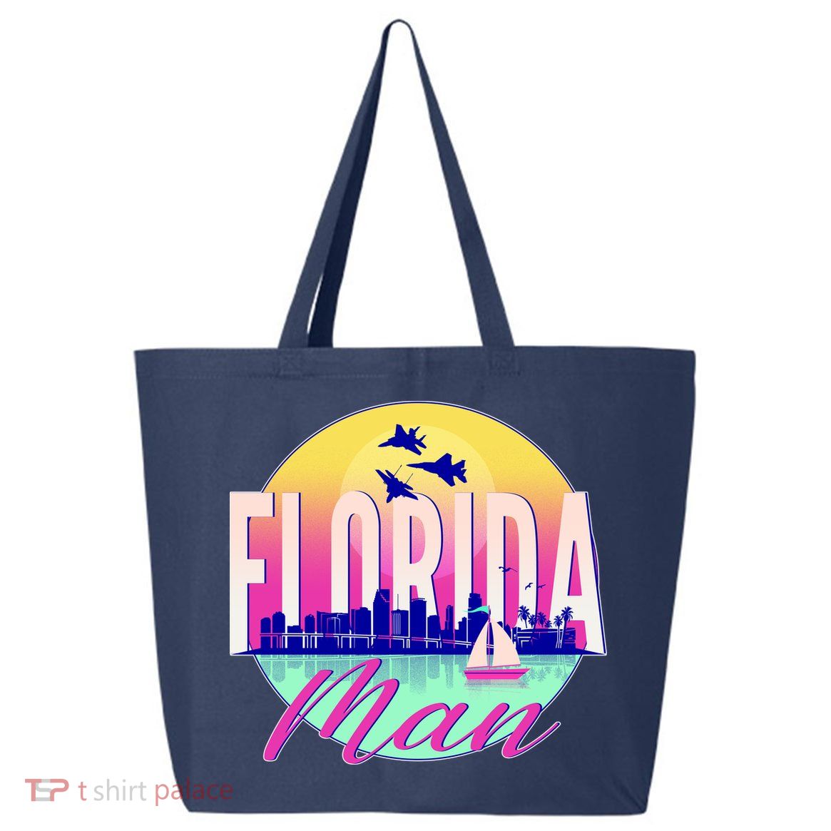 Retro Florida Man Miama Skyline with Fighter Jets 25L Jumbo Tote