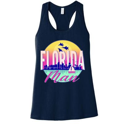 Retro Florida Man Miama Skyline with Fighter Jets Womens Tank Top