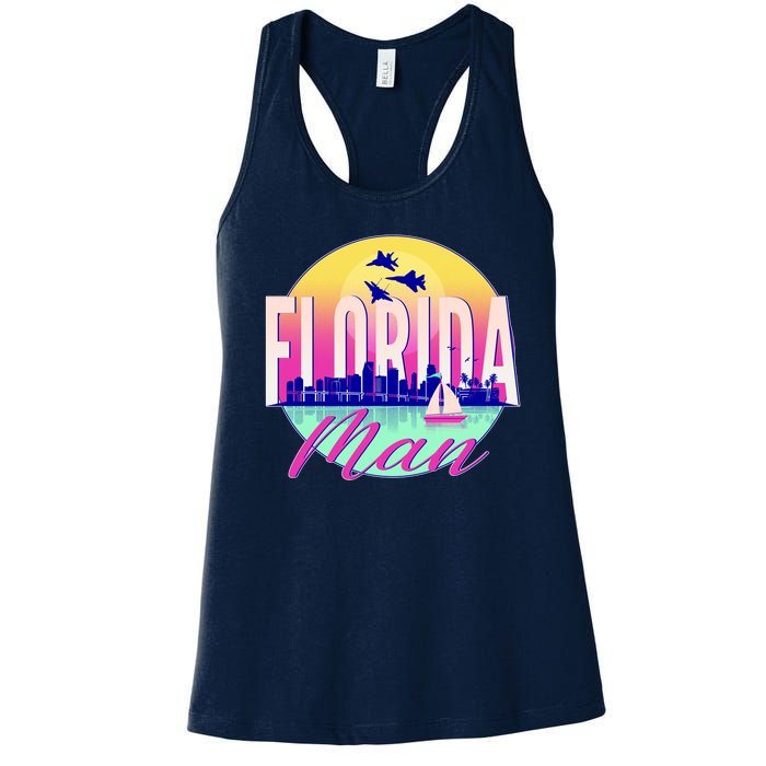 Retro Florida Man Miama Skyline with Fighter Jets Women's Racerback Tank