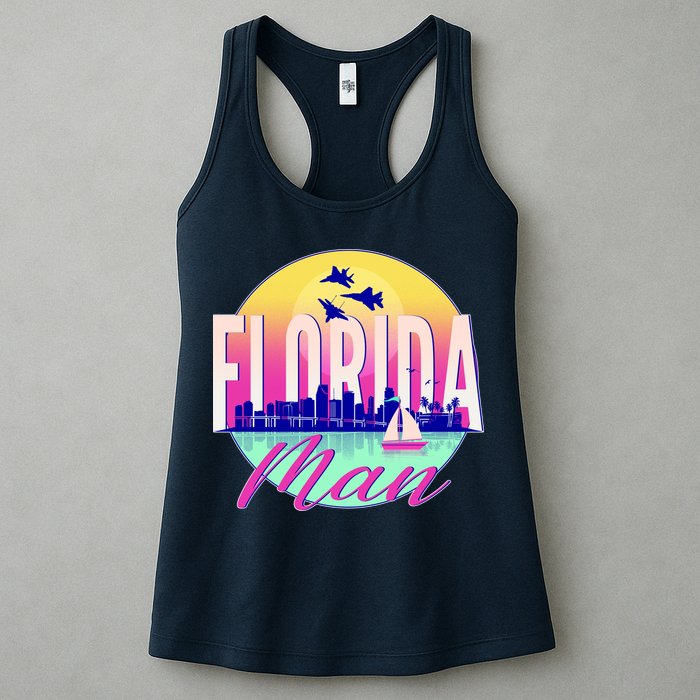Retro Florida Man Miama Skyline with Fighter Jets Womens Tank Top