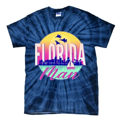 Retro Florida Man Miama Skyline with Fighter Jets Tie-Dye T-Shirt