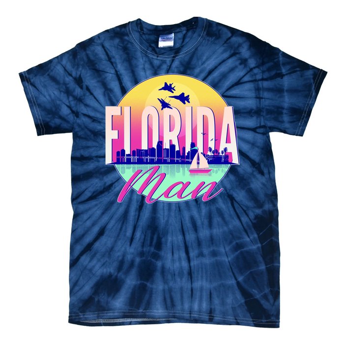 Retro Florida Man Miama Skyline with Fighter Jets Tie-Dye T-Shirt