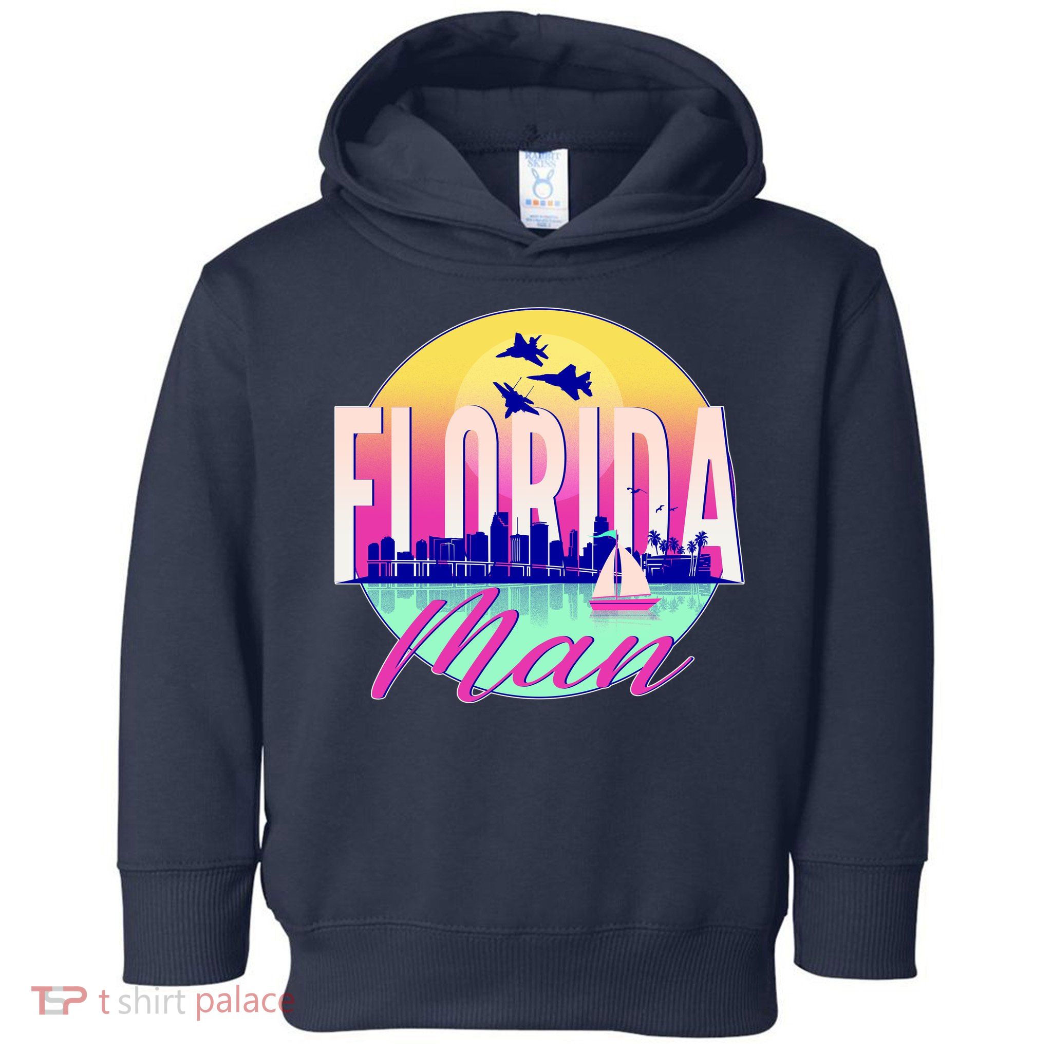 Retro Florida Man Miama Skyline with Fighter Jets Toddler Hoodie