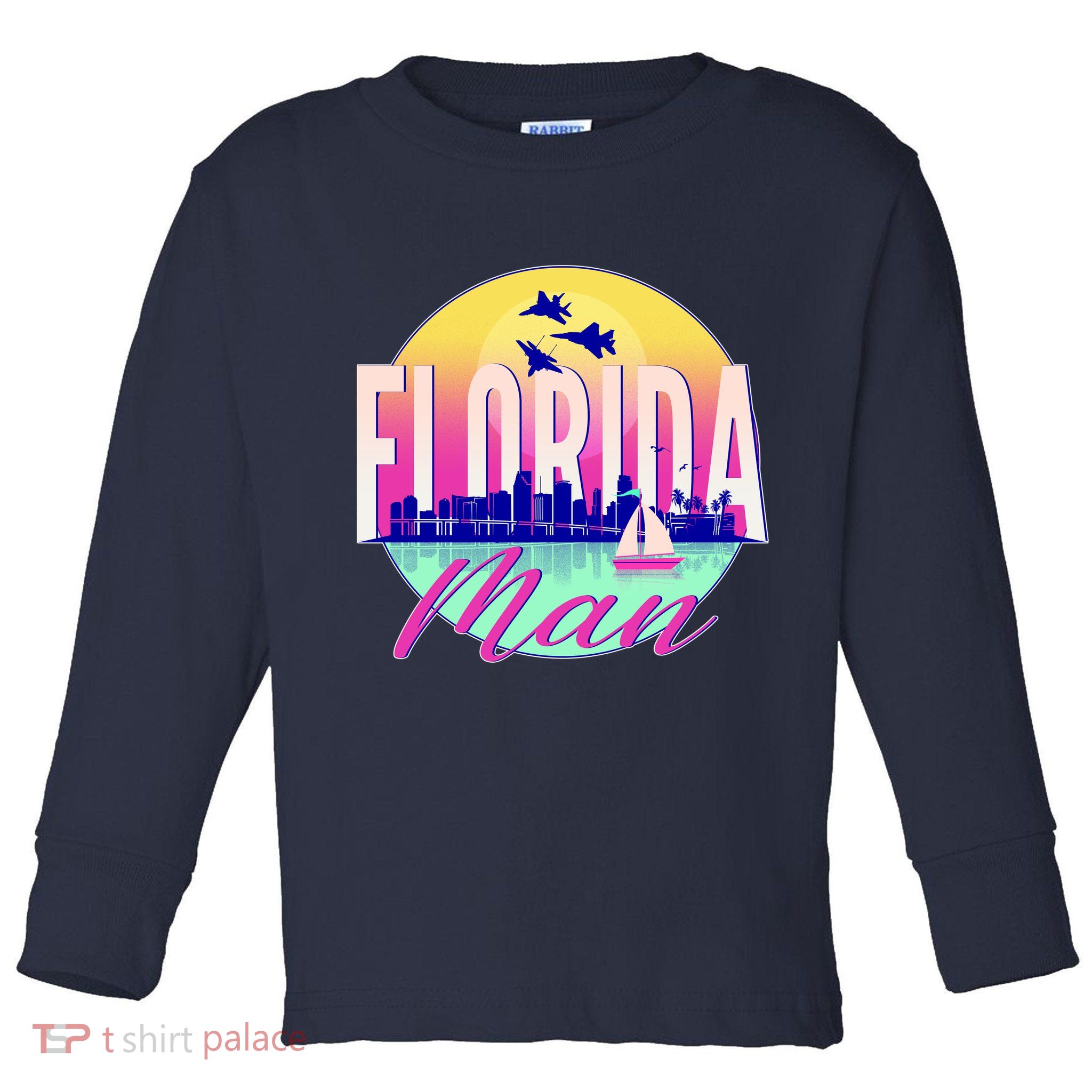 Retro Florida Man Miama Skyline with Fighter Jets Toddler Long Sleeve Shirt