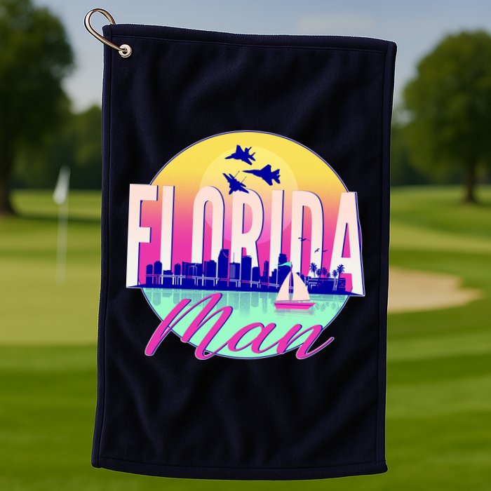 Retro Florida Man Miama Skyline with Fighter Jets Golf Towel