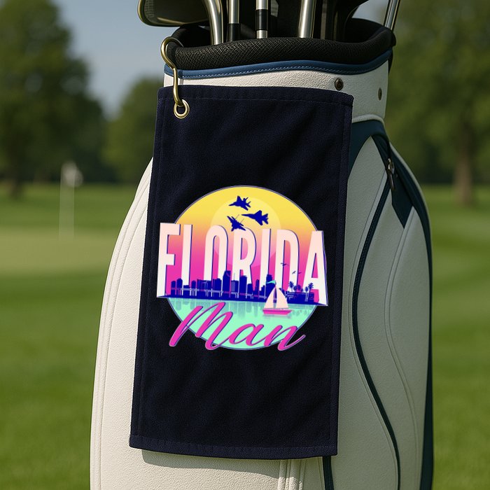 Retro Florida Man Miama Skyline with Fighter Jets Golf Towel