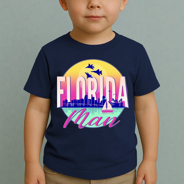 Retro Florida Man Miama Skyline with Fighter Jets Toddler T-Shirt