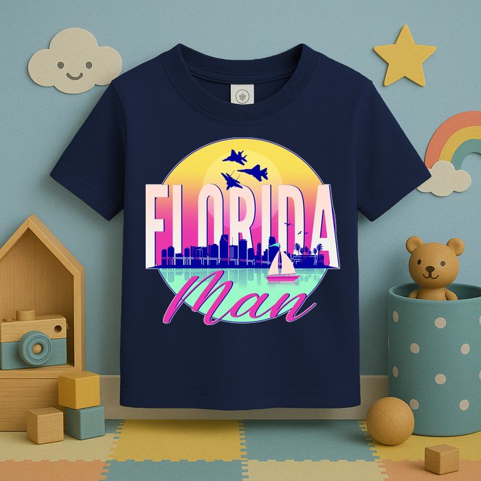 Retro Florida Man Miama Skyline with Fighter Jets Toddler T-Shirt