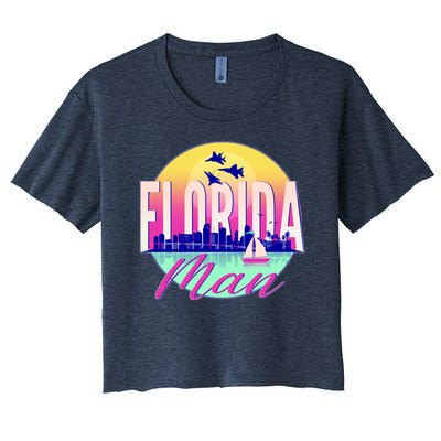 Retro Florida Man Miama Skyline with Fighter Jets Women's Crop Top Tee