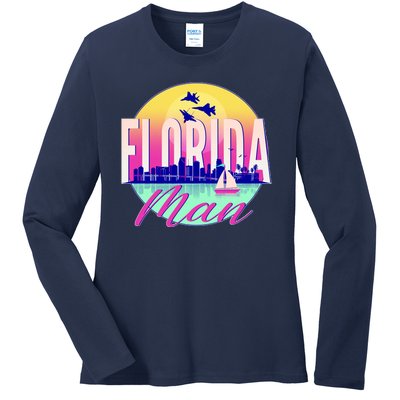 Retro Florida Man Miama Skyline with Fighter Jets Ladies Long Sleeve Shirt