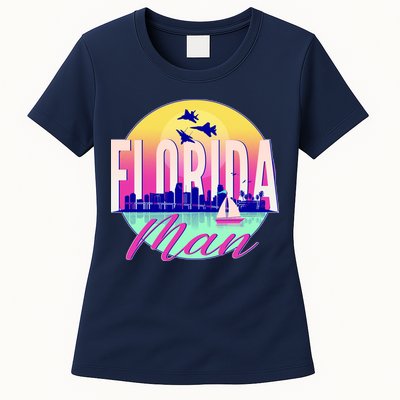 Retro Florida Man Miama Skyline with Fighter Jets Womens T-Shirt