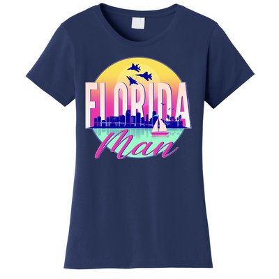 Retro Florida Man Miama Skyline with Fighter Jets Women's T-Shirt