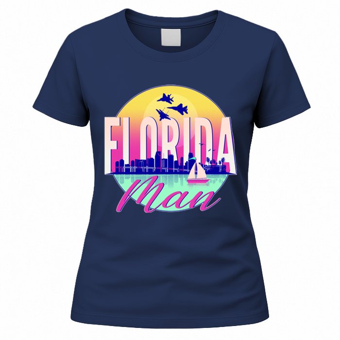 Retro Florida Man Miama Skyline with Fighter Jets Women's T-Shirt