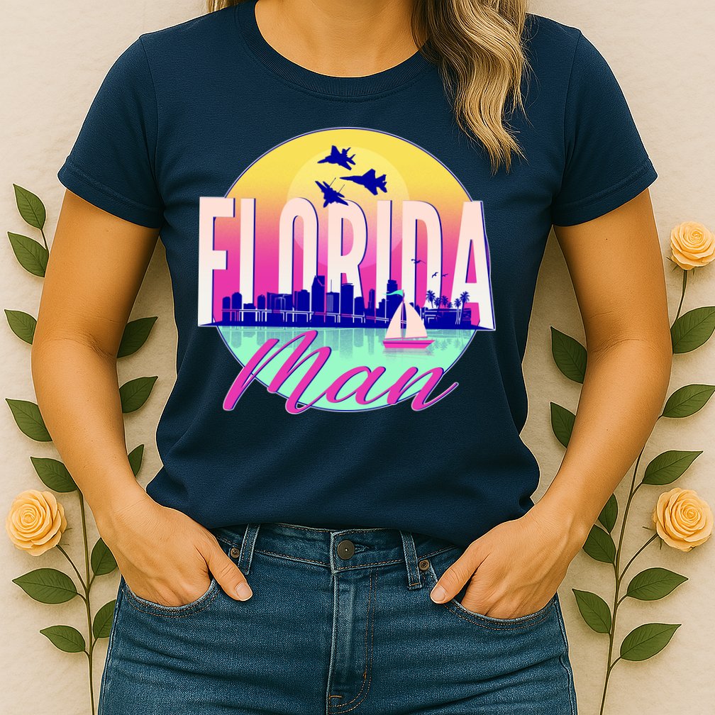 Retro Florida Man Miama Skyline with Fighter Jets Womens T-Shirt
