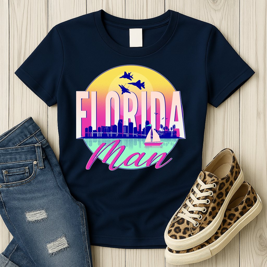 Retro Florida Man Miama Skyline with Fighter Jets Womens T-Shirt