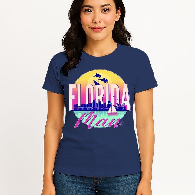 Retro Florida Man Miama Skyline with Fighter Jets Womens T-Shirt