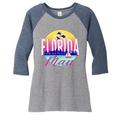 Retro Florida Man Miama Skyline with Fighter Jets Women's Tri-Blend 3/4-Sleeve Raglan Shirt